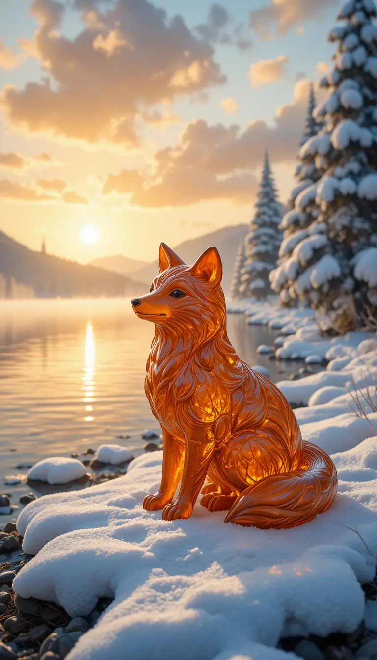 Statuetta di volpe in ambra su un lago dorato innevato all’alba