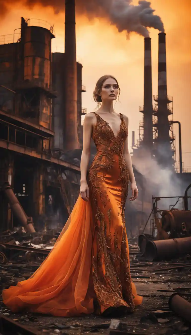 Mystical woman in orange gown crossing industrial ruins