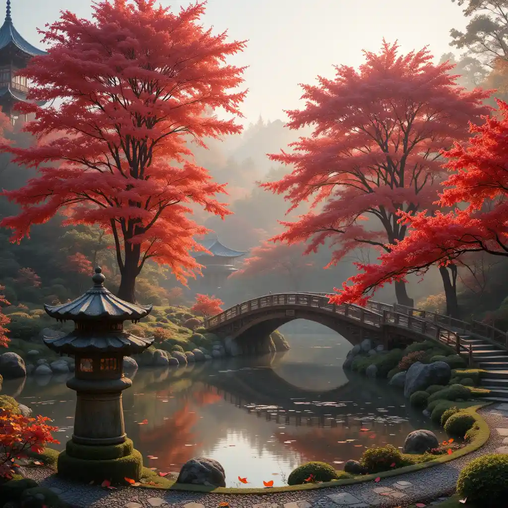 Tranquillo giardino giapponese con laghetto di koi e aceri