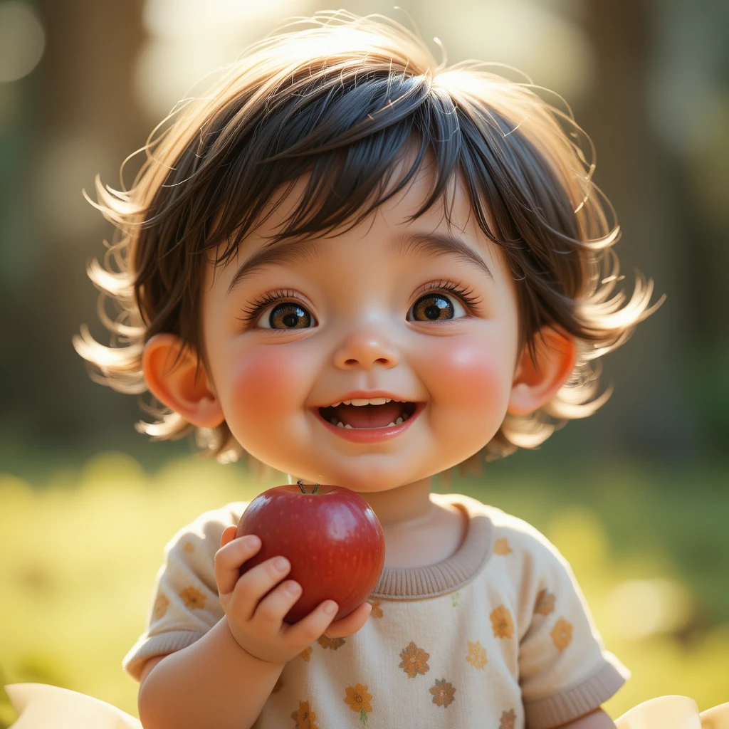 Joyful child playing and holding a red apple outdoors