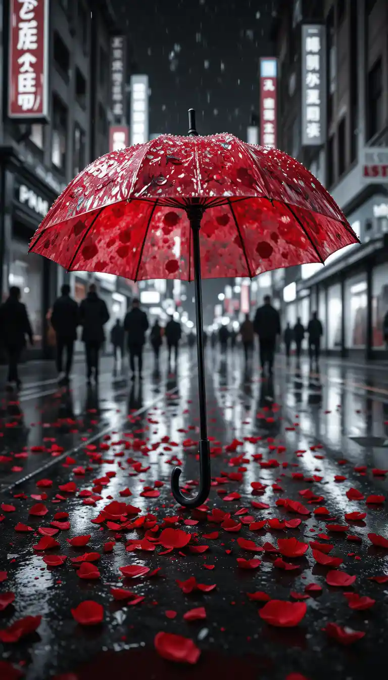 Red umbrella on rainy city street with falling rose petals