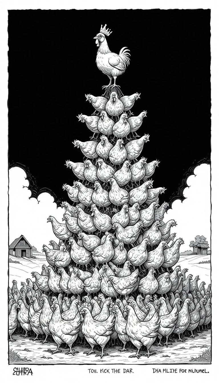 Satirical ink cartoon of chickens in a cruel pyramid hierarchy