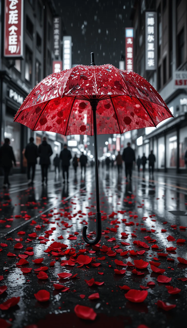 Roter Regenschirm auf regennasser Stadtstraße mit fallenden Rosenblättern