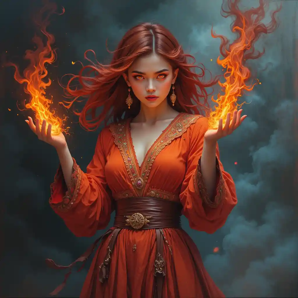 Red haired sorceress summoning blazing fire in her hands
