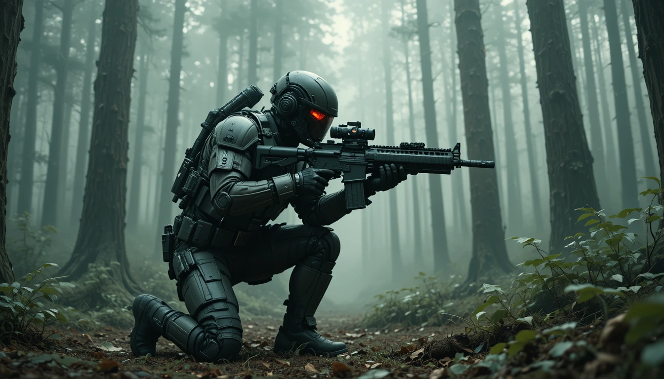 Armored sci fi soldier aiming in a foggy forest