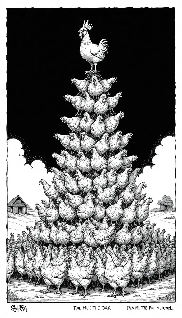 Dessin satirique à l’encre de poulets dans une hiérarchie pyramidale cruelle