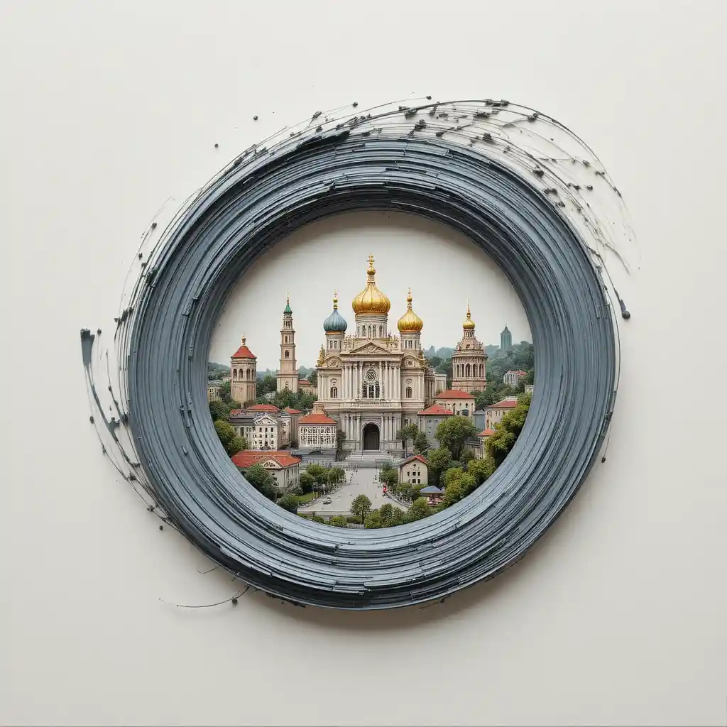 Brushstroke cityscape of Krasnodar forming a flowing painted ring