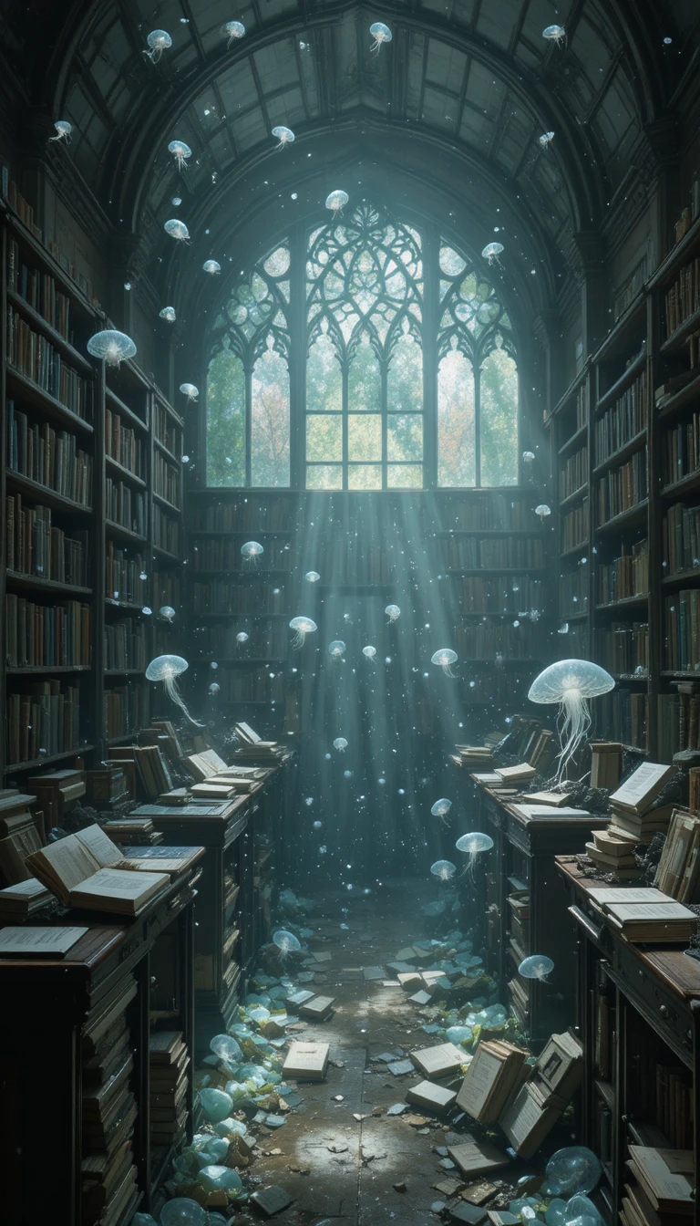 Biblioteca surreal com livros de água flutuantes na luz empoeirada