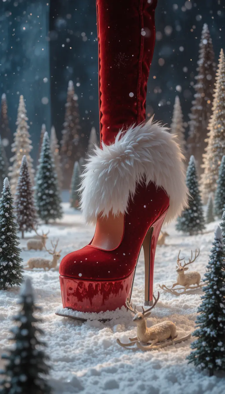Roter Samt-High Heel mit weißem Fell in verschneiter Miniaturszene