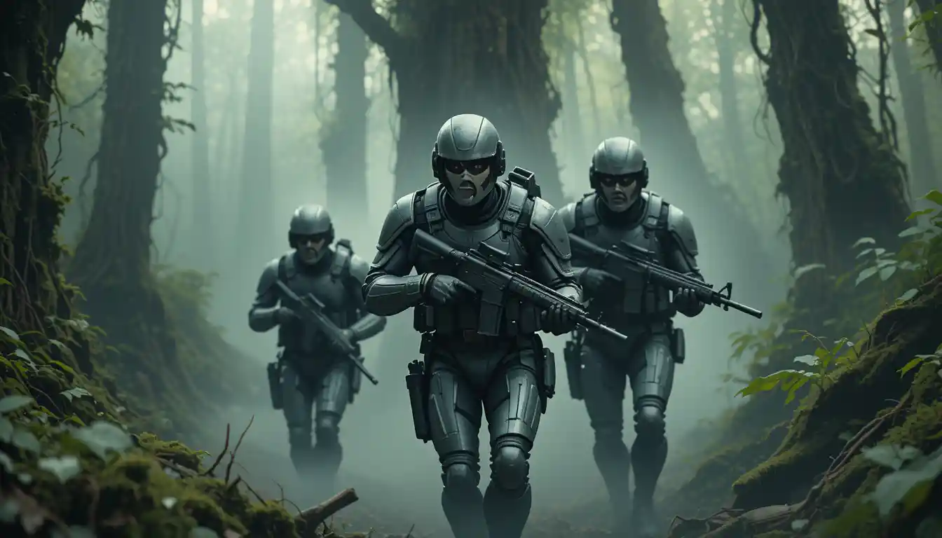 Soldats de science-fiction blindés avançant dans une jungle alien brumeuse