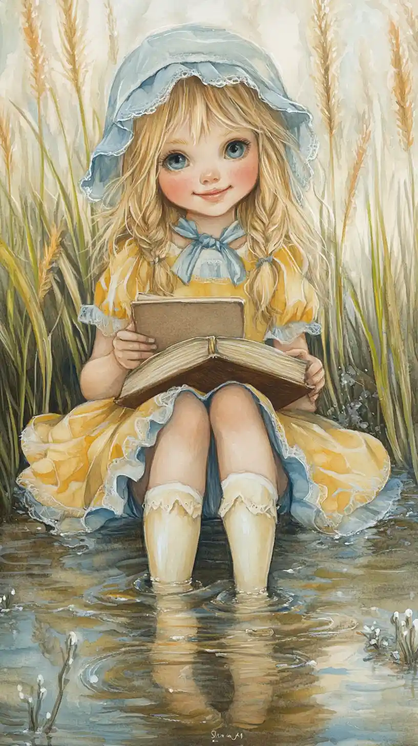 水辺で読書をするボンネット姿の笑顔の金髪の少女