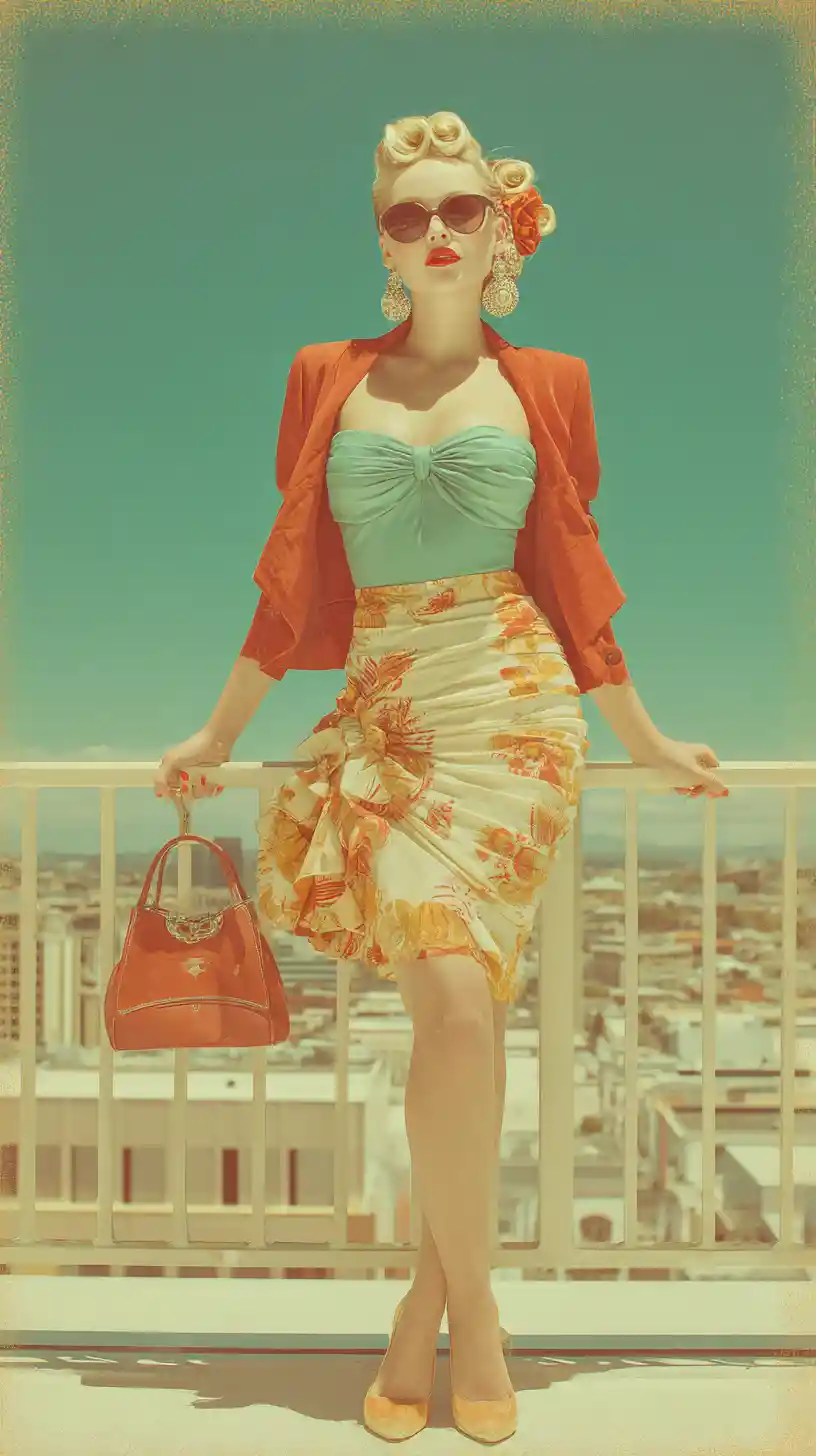Stylish woman on city veranda in teal and orange fashion
