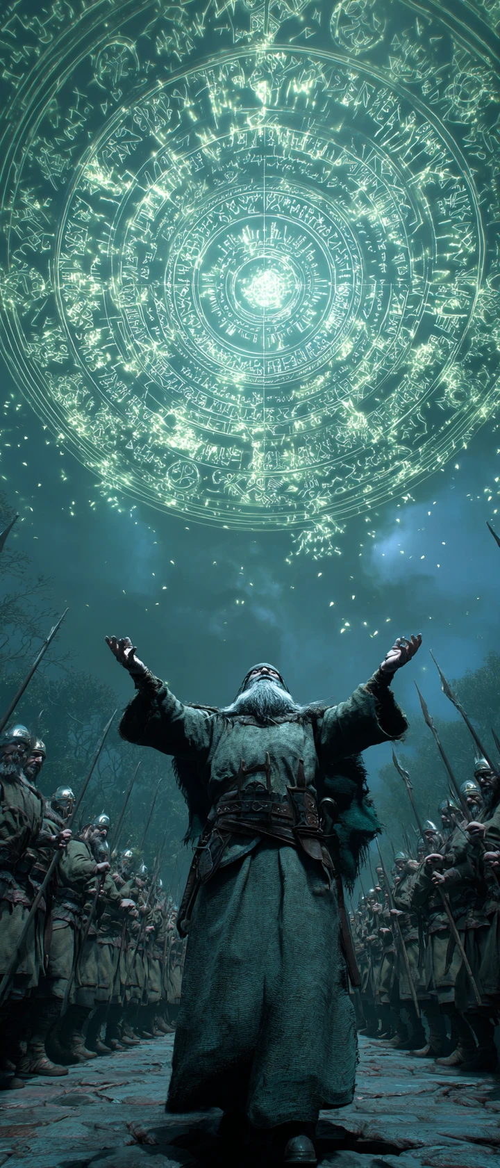 Ancient druid summoning magic within a moonlit stone circle