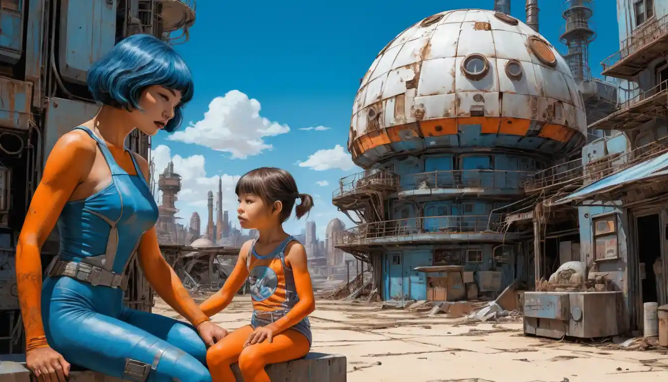 Young girl with her mom by a sandbox in comic style