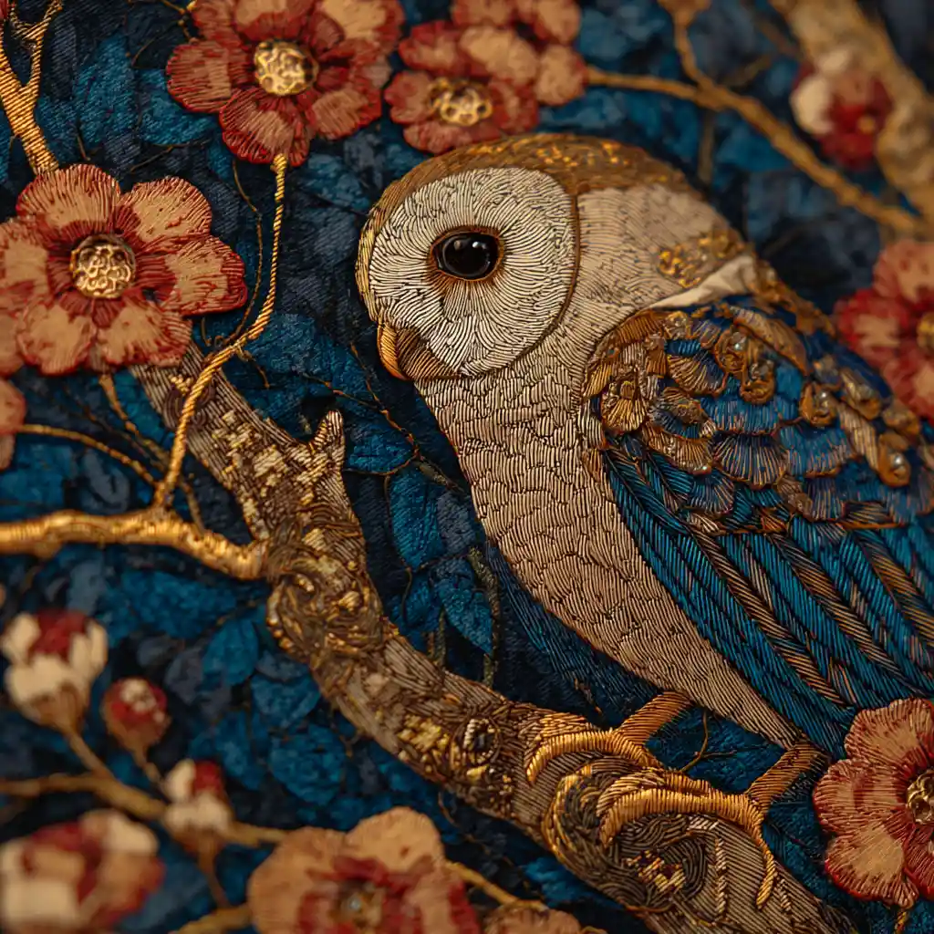 Surreal mixed media owl on a sakura tree branch
