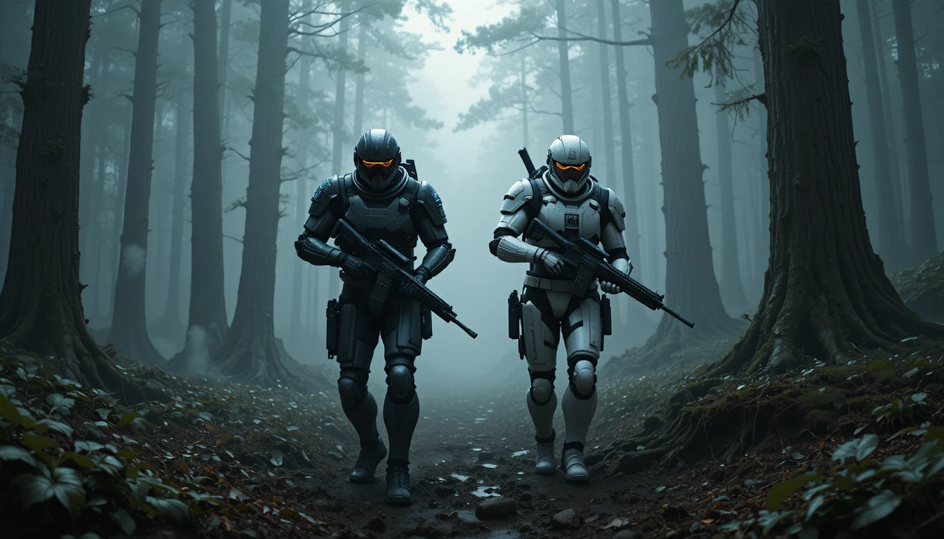 Gepanzerte Soldaten bewegen sich durch einen nebligen futuristischen Wald