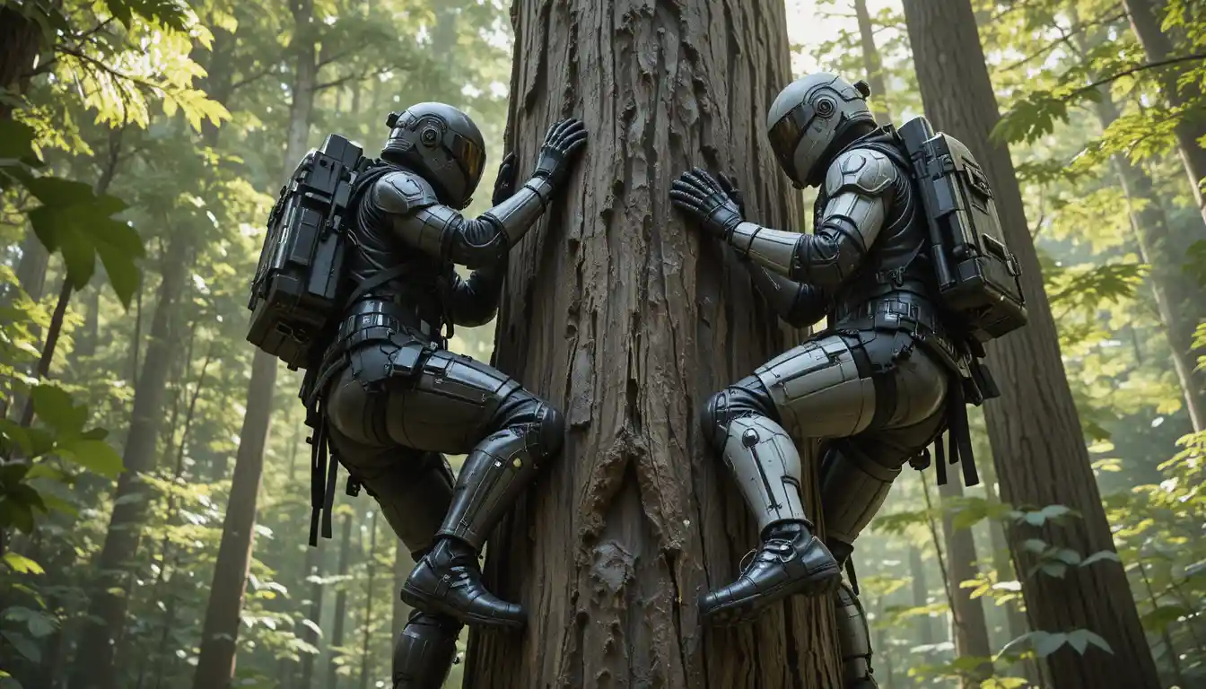 Futuristic explorers climbing a colossal tree in sunlight