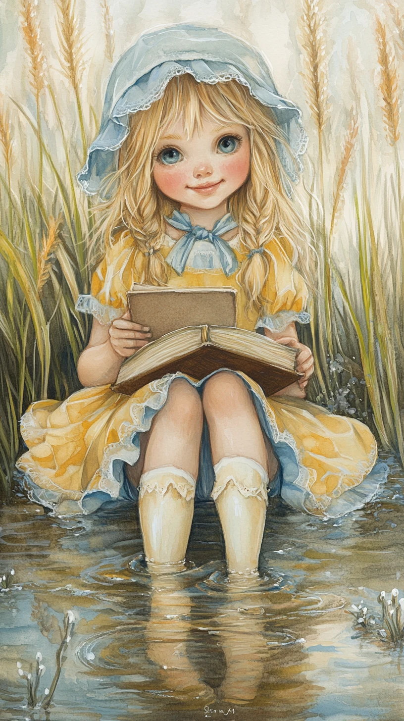 水辺で読書をするボンネット姿の笑顔の金髪の少女