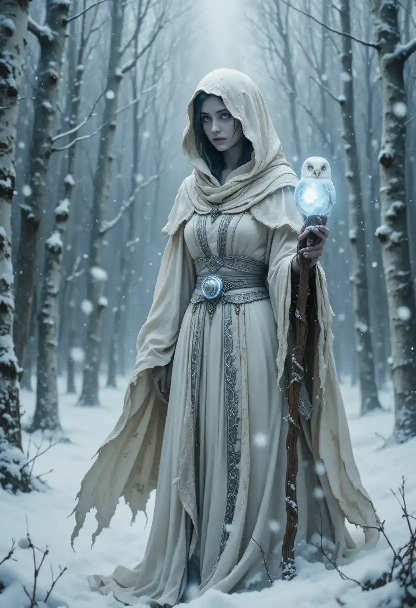 Sorcière ancienne dans une forêt de bouleaux enneigée balayée par le blizzard