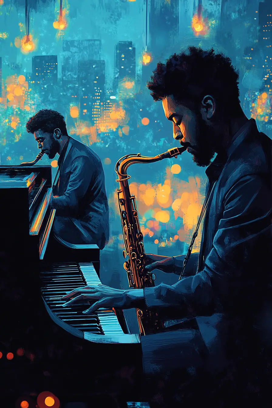Elegant jazz saxophonist in a luxurious night club scene