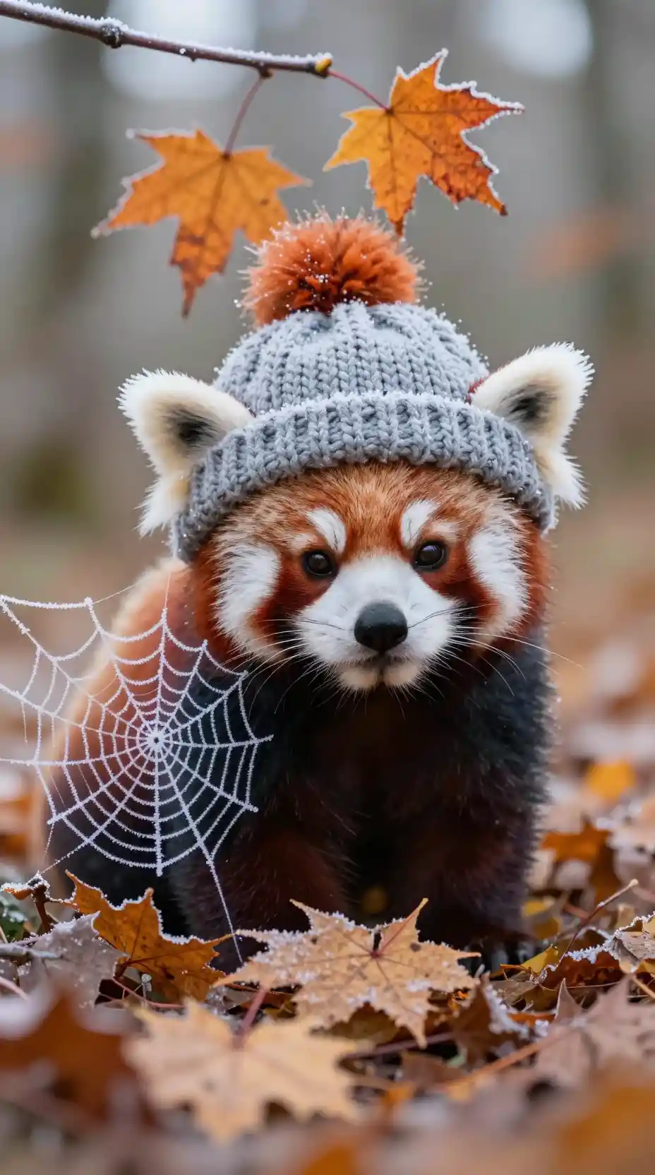 Tierno panda rojo entre hojas de otoño heladas con gorro de punto