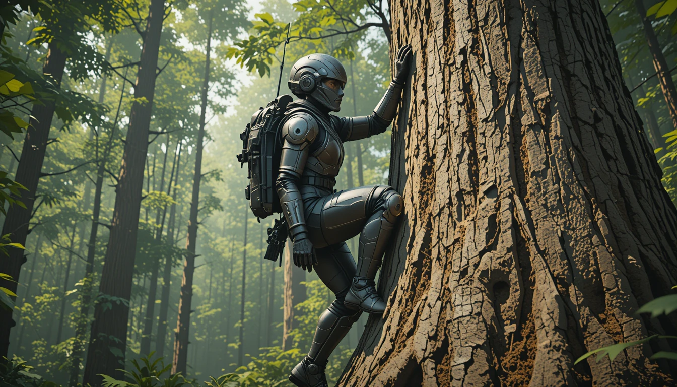 Armored sci fi explorer climbing a massive forest tree