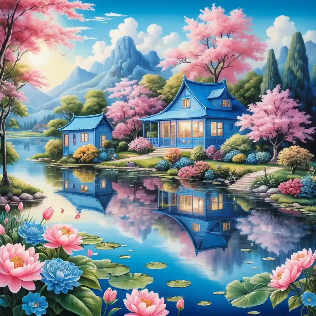 Casas Surrealistas Junto al Lago en Un Sueño Brillante Azul y Rosa