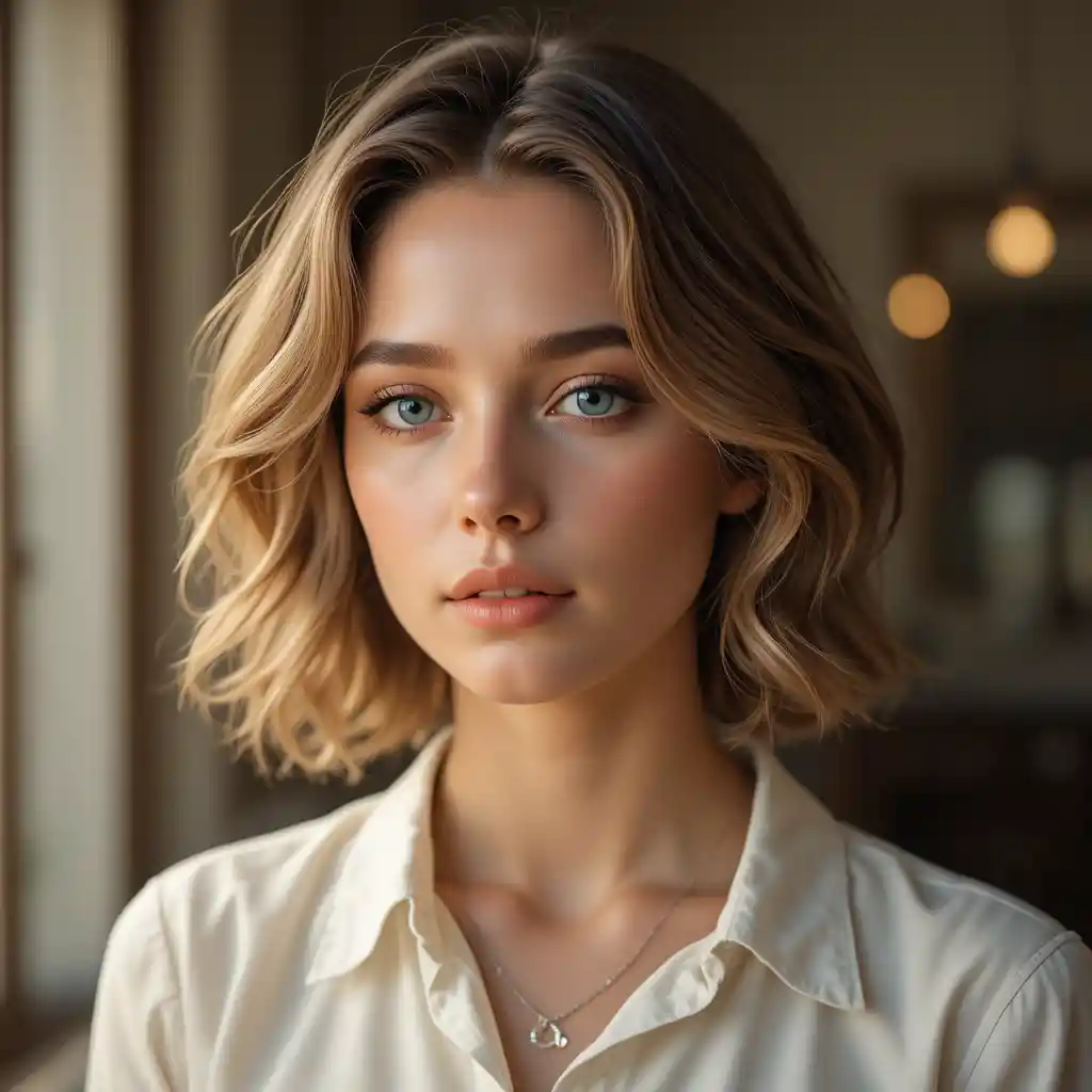 Young woman portrait in soft window daylight indoors