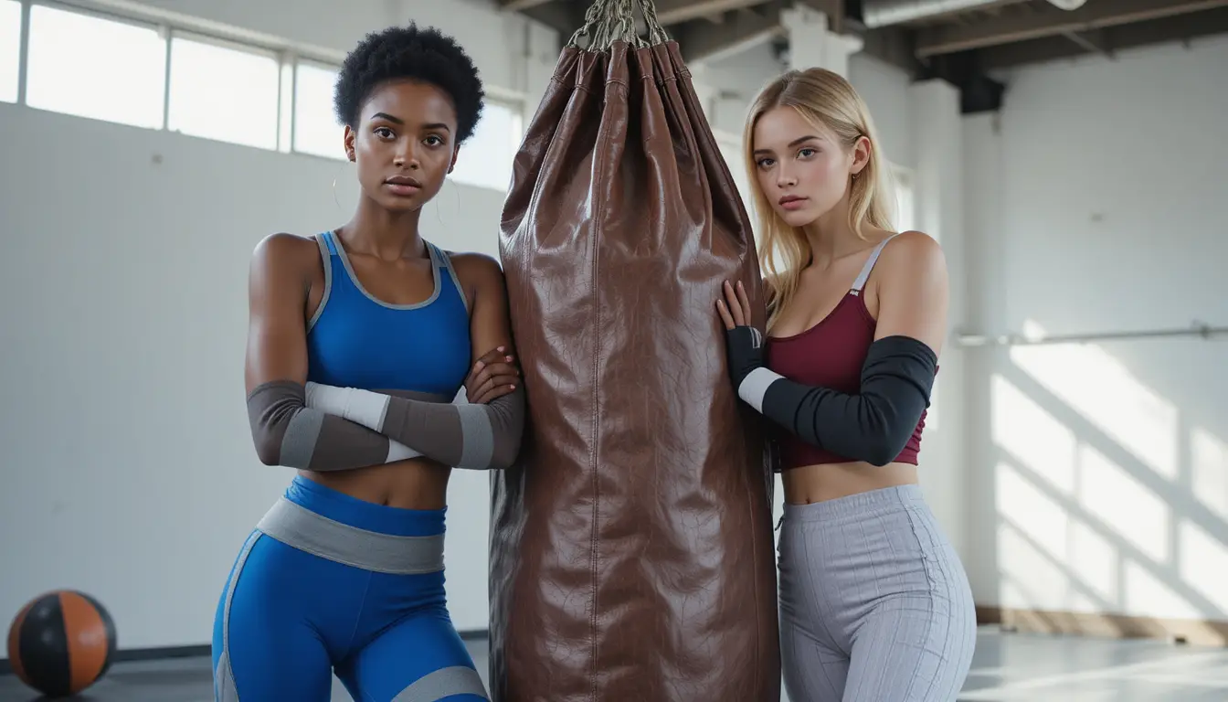 Two athletic women posing by a punching bag in gym