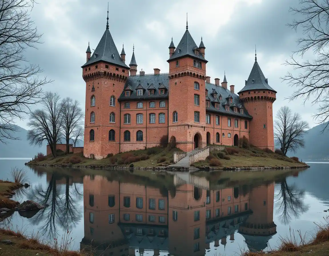 Castello medievale in mattoni rossi riflesso in un lago calmo