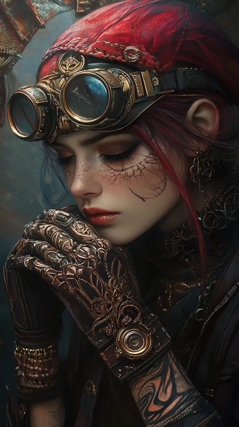 Androgynous woman in steampunk attire with melancholic gaze