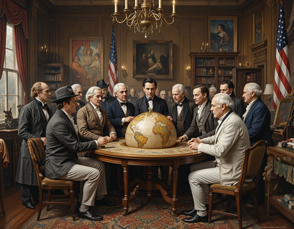 Hommes d’État de l’époque victorienne réunis autour d’un globe en pleine discussion