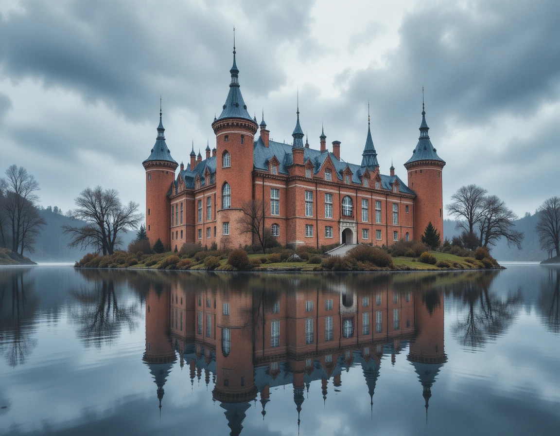 Castelo medieval europeu refletido em uma cena tranquila à beira do lago