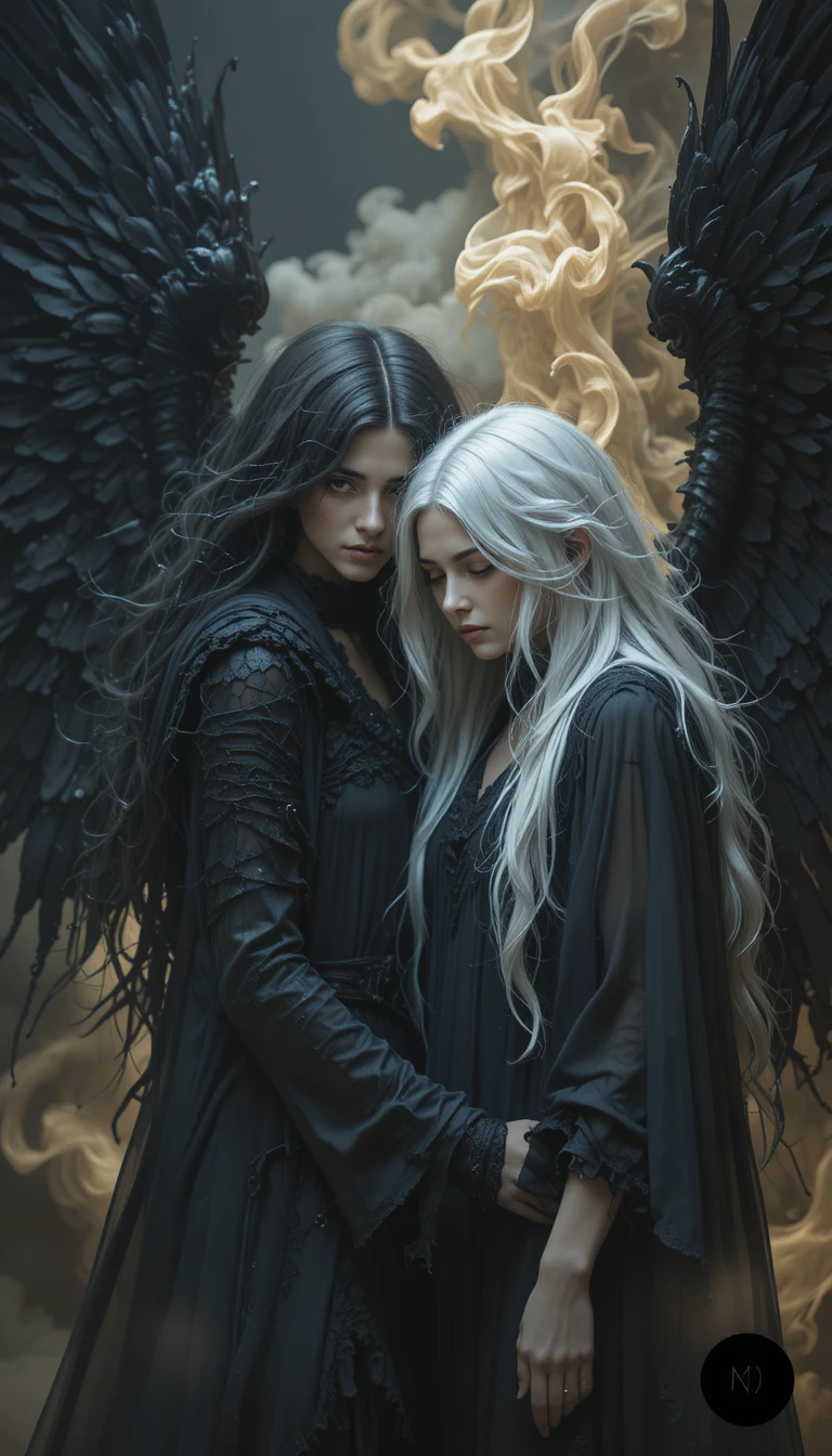 Two sorrowful angels with black wings in swirling gold smoke