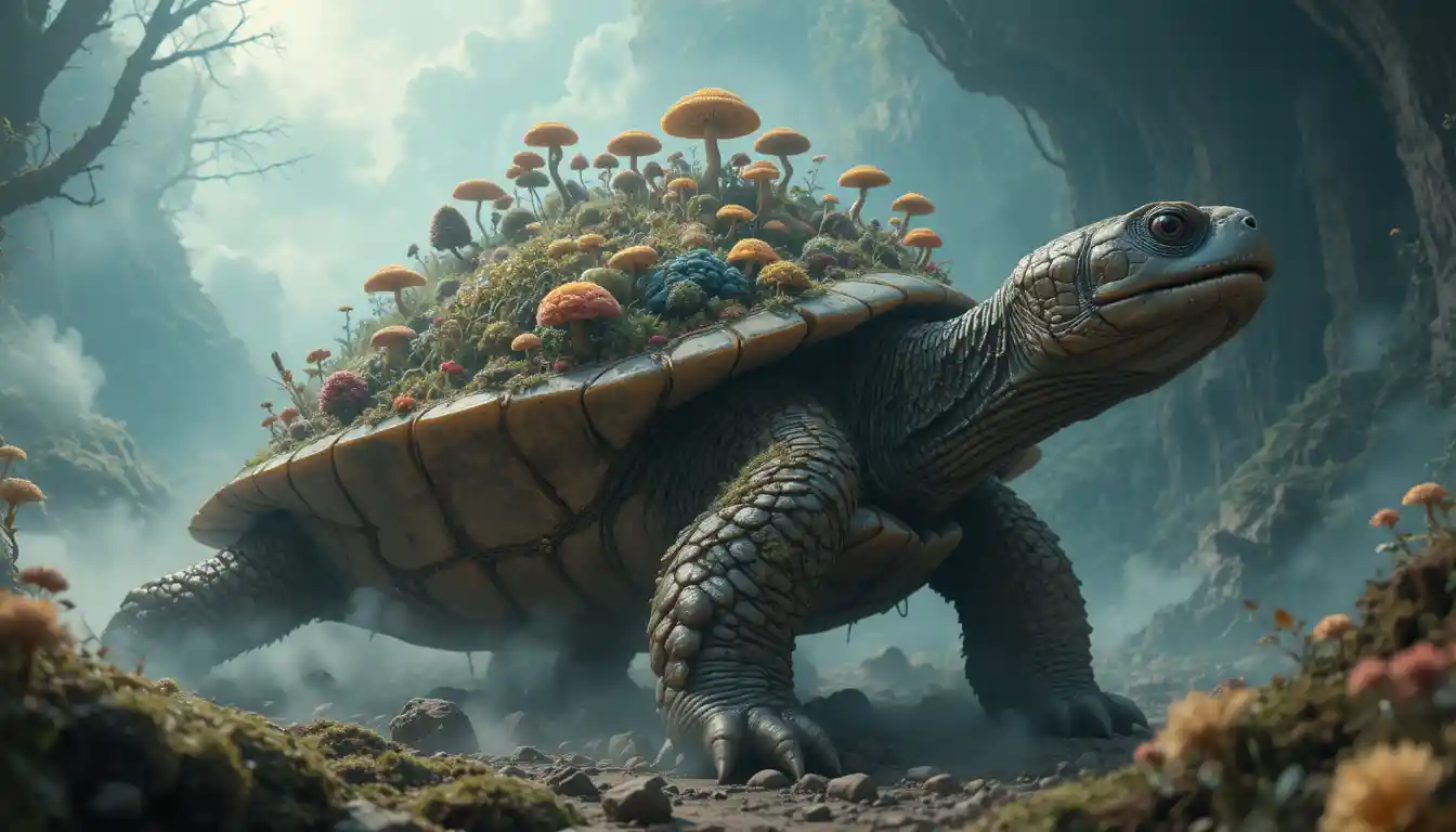 Ancient turtle bearing a lush fantasy world of mushrooms