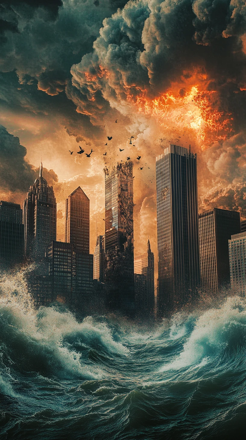 Horizonte urbano apocalíptico engolido por ondas de tempestade gigantes
