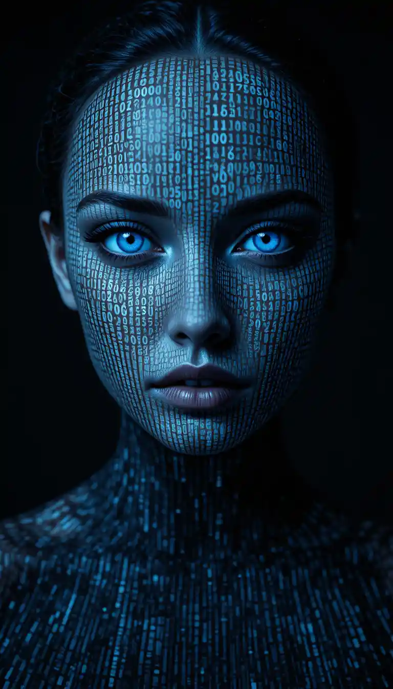 Portrait de femme fait de code dans un sombre vide numérique