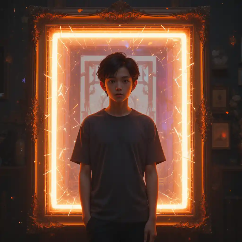 Lonely boy framed in glowing surreal prism illustration