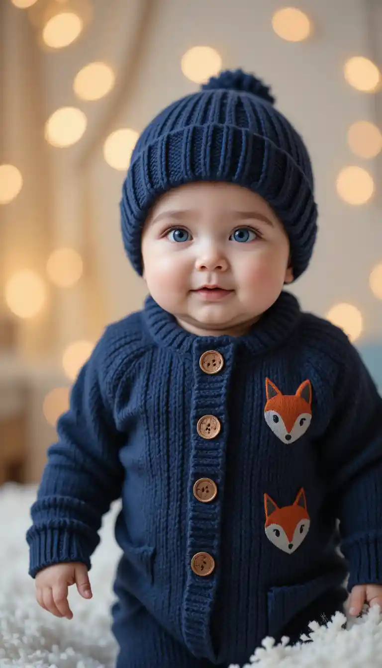 冬服を着たかわいい赤ちゃんが柔らかい白いベッドの上に立っている写真