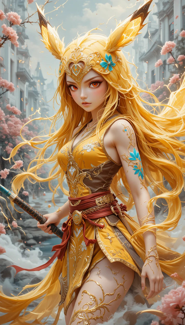 Mythical warrior woman before a glowing white fantasy palace