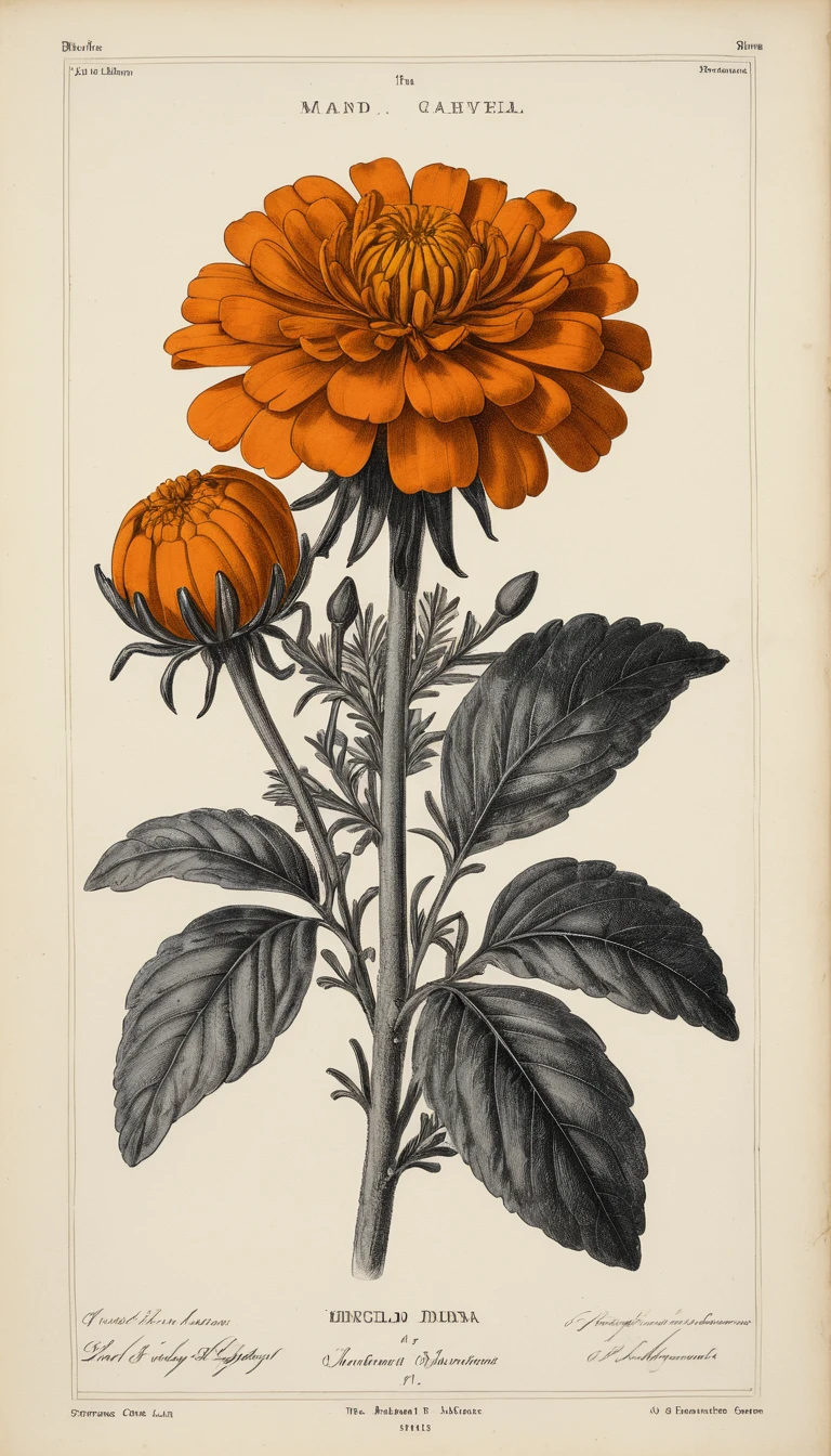 Single marigold botanical engraving on aged parchment paper