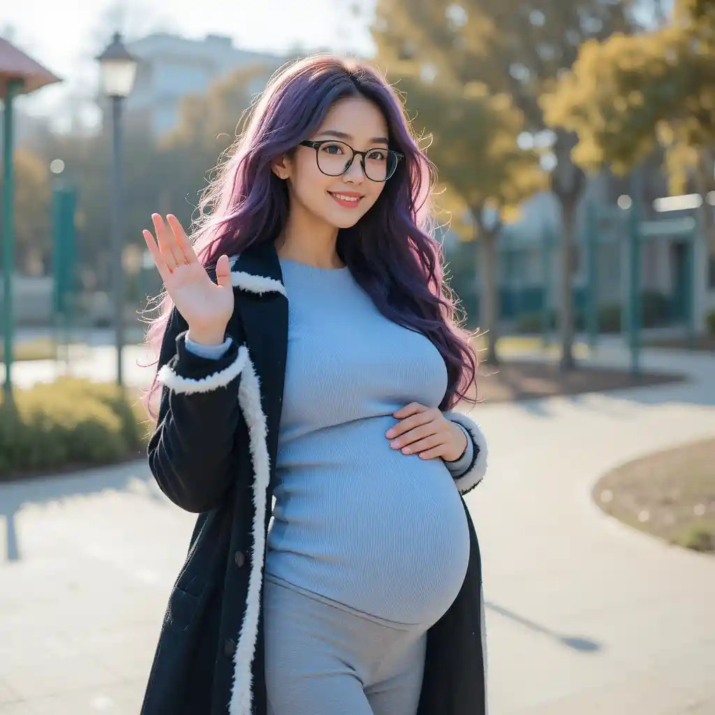 Pregnant woman waving in a sunny school playground