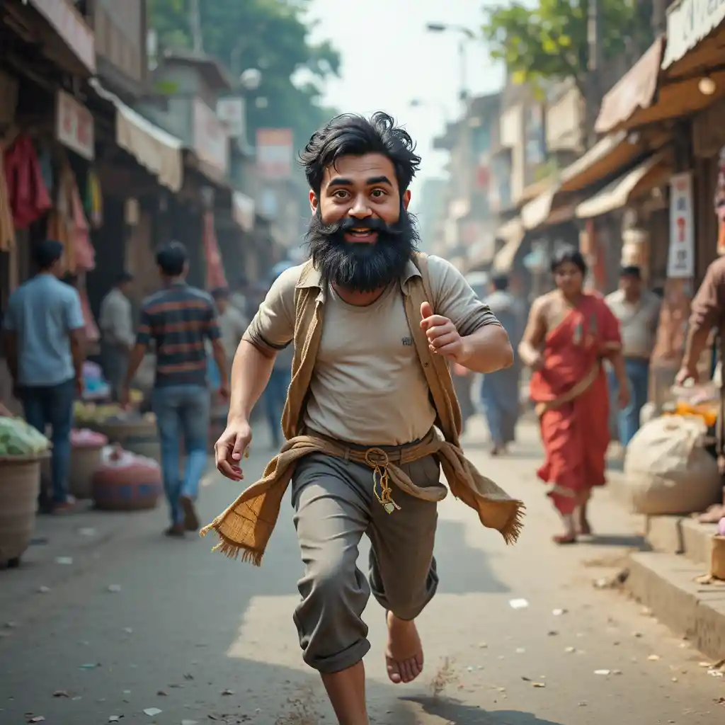 Monkey running through busy Indian market holding money