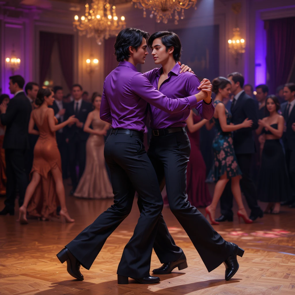 Jovens dançando tango em um salão escuro
