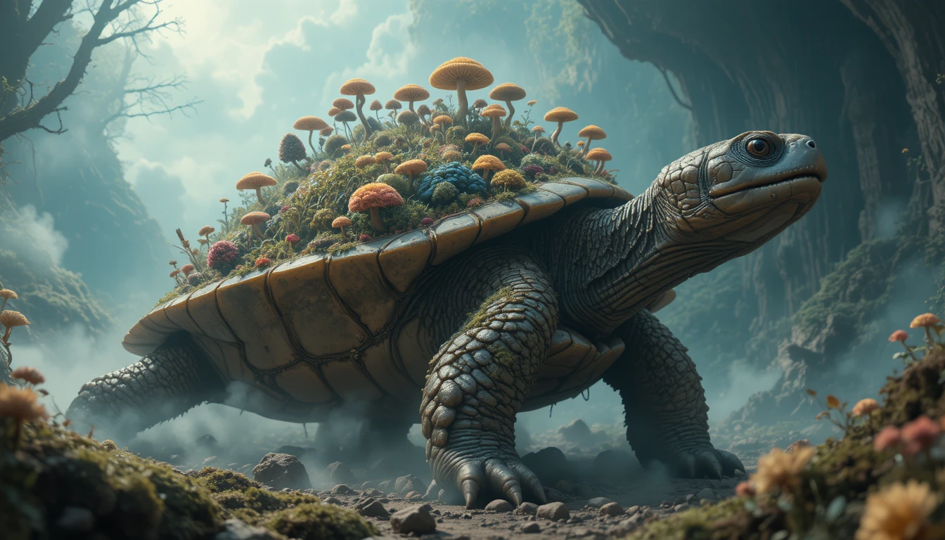 Antica tartaruga che porta un rigoglioso mondo fantastico di funghi