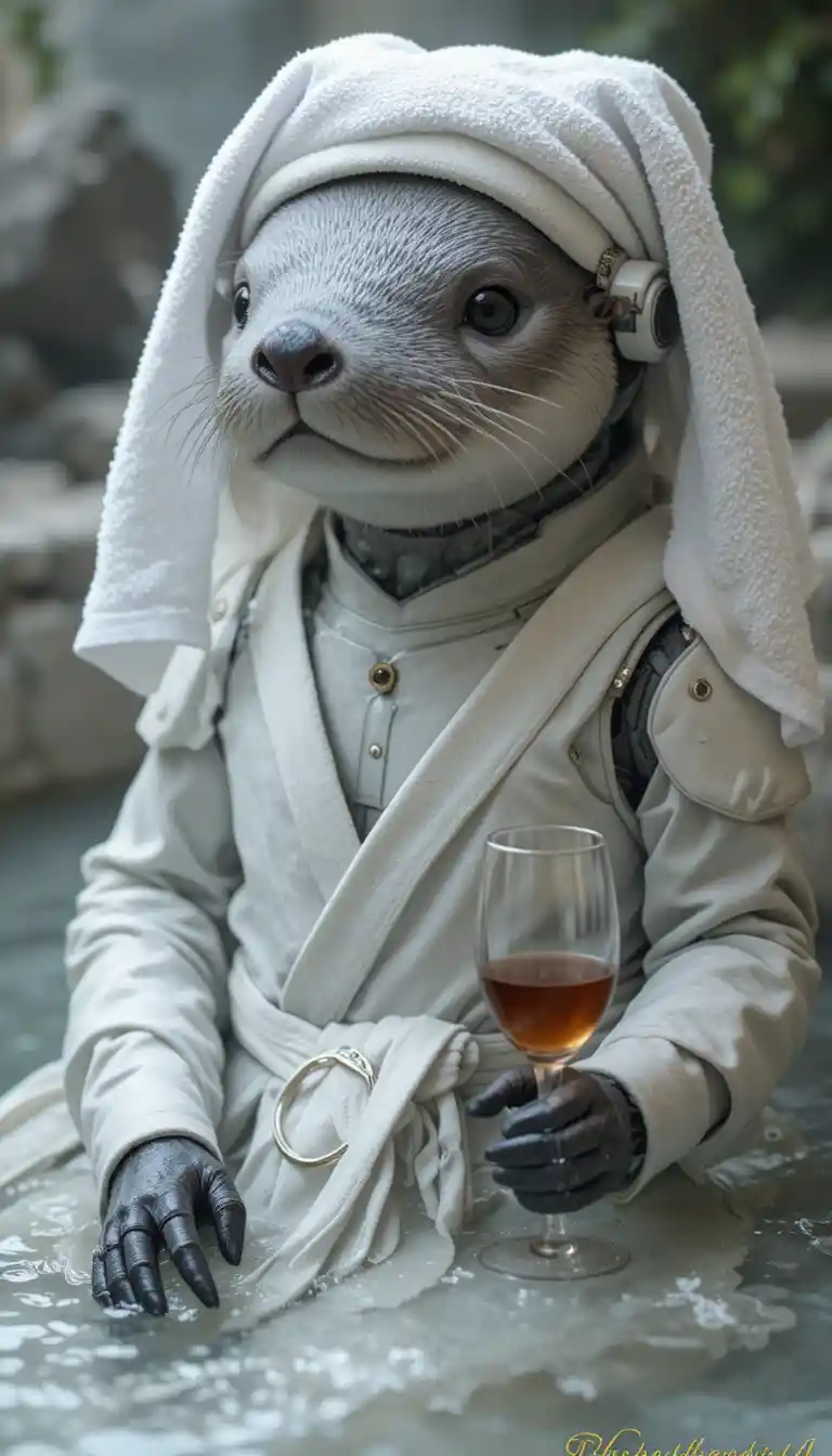Robotic sea otter relaxing in a steaming hot spring