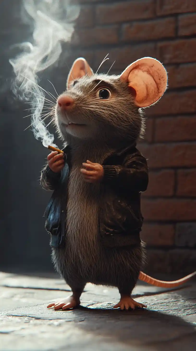 Rat Anthropomorphe Gritty avec Cigarette sous Éclairage Noir