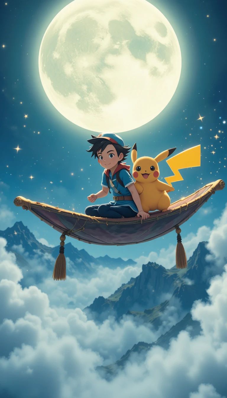 Ragazzo e Pikachu che volano su un tappeto magico al chiaro di luna