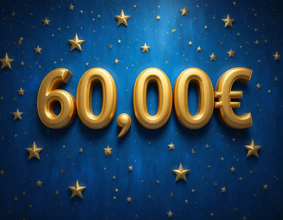 짙은 파란 별빛 배경 위의 골드 3D 60000유로 텍스트