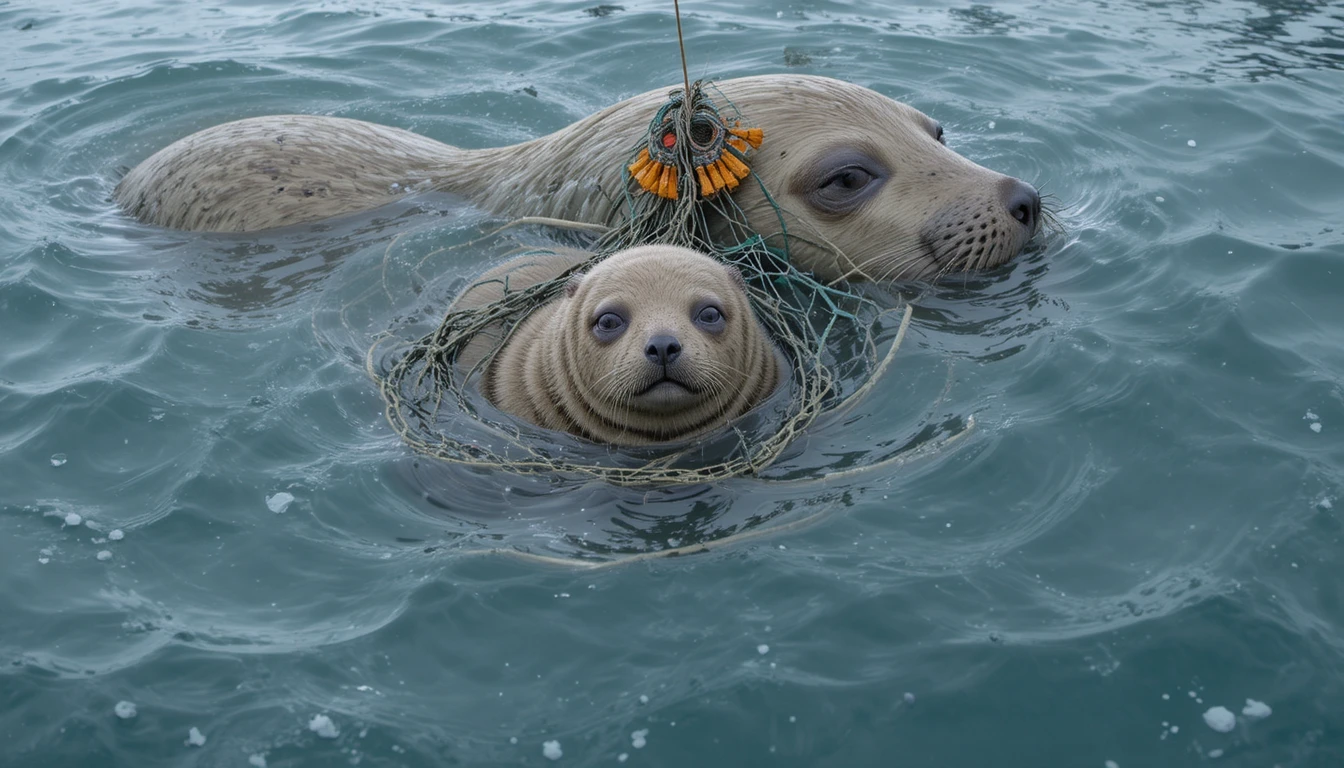 Foca-de-Ross mãe e filhote enredados em lixo oceânico